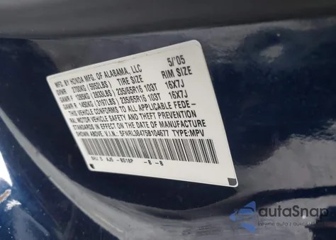2005 Honda Odyssey Ex z USA, uszkodzony, nr VIN 5FNRL38475B104677